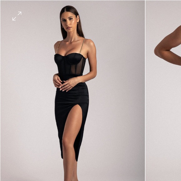 MESHKI Talisa Chain Strap Split Corset MIDI Dress in Black - Picture 4 of 8
